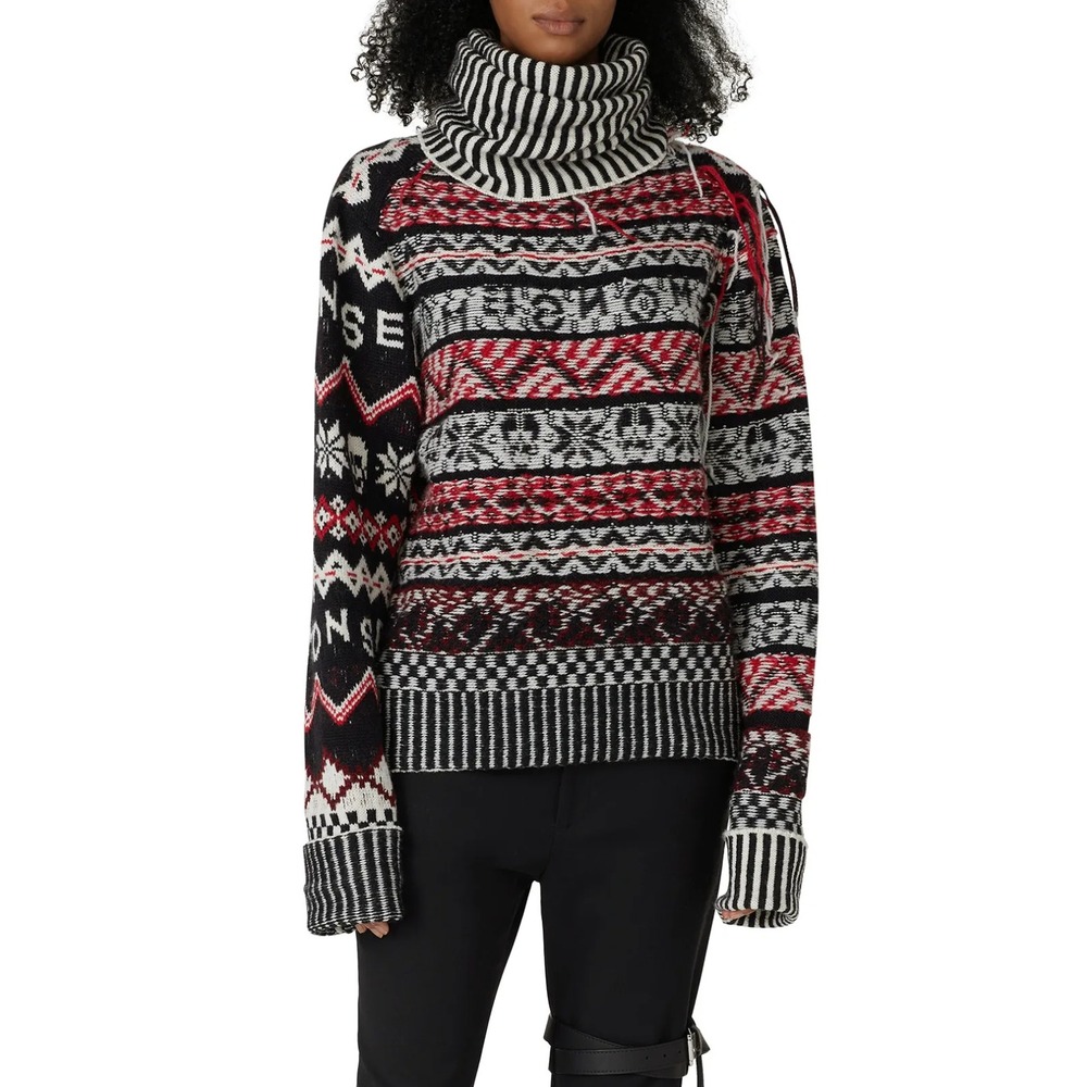 B72 Monse Fair Isle Turtleneck Sweater XL Red Black Skull Frayed Warm Wool